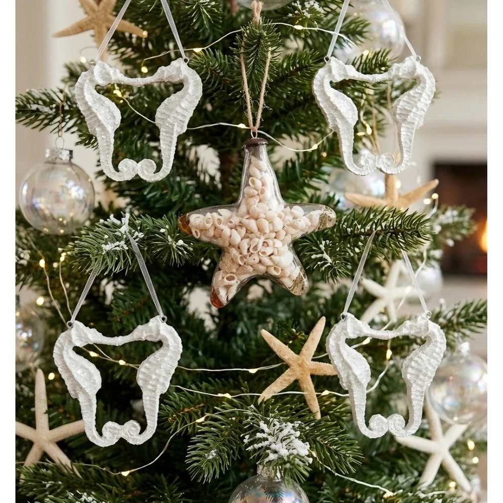 Coastal Christmas Ornaments Set 5 Seahorse Starfish Shells Nautical Decor